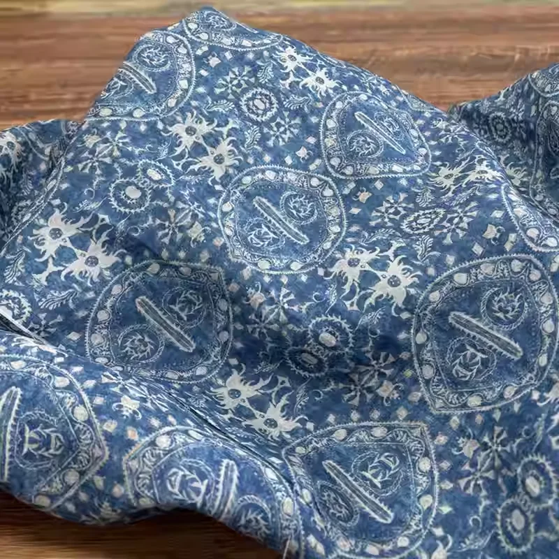 

High end blue pure ramie printed fabric, used for summer shirts, dresses, and hand sewn fabrics