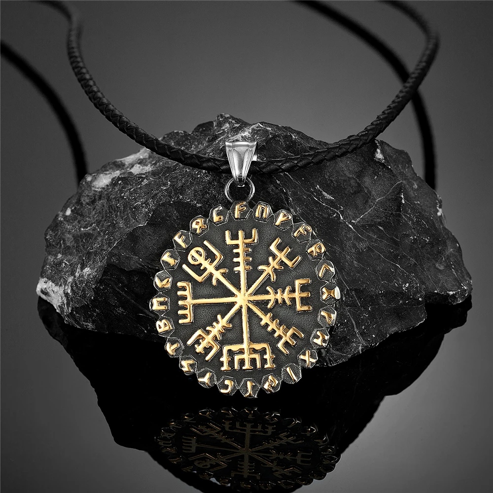 Vintage Vikings Compass Necklace Gold Color Norse 24 Runes Trident Stainless Steel Pendant Mens Punk Pagan Talisman Jewelry Gift