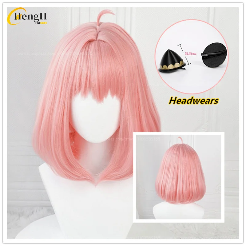 

In Stock Anime Synthetic Anya Forger Cosplay Wig Short 37cm Pink Wig And Headwear Heat Resistant Hair Party Woman Wigs + Wig Cap