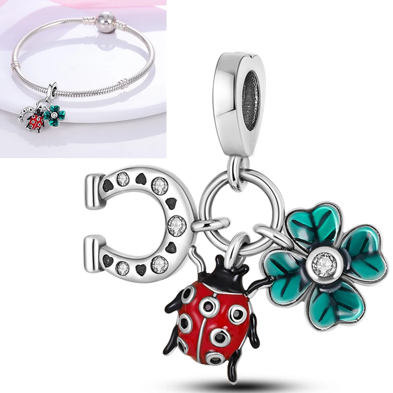 جديد 925 فضة الصبار أربع أوراق البرسيم سحر الربيع الأخضر سلسلة قلادة بها خرزات لسوار الخرز الأصلي DIY مجوهرات #2