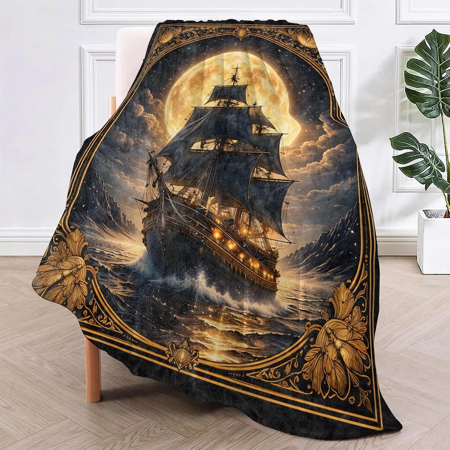 Vintage Golden Frame Sailboat Night Ocean Scenery Art Pattern Soft Blanket Fit Living Room Bed Travel Multi-scene Home Daily Use