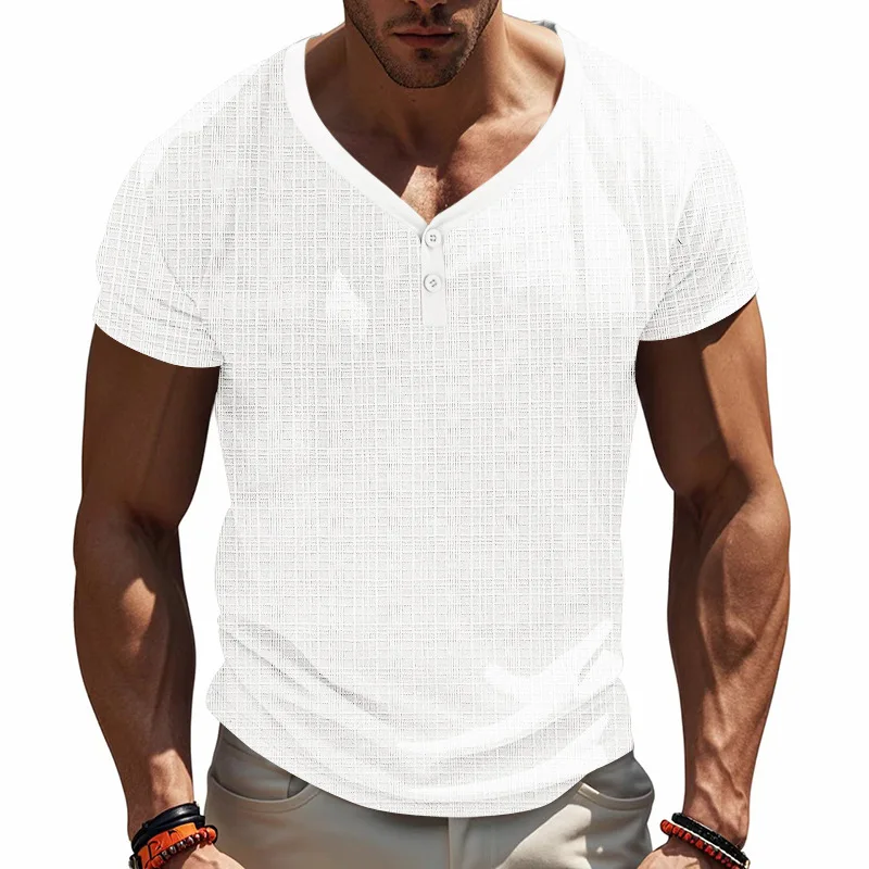 Men Textured V‑Neck Henley T‑Shirt, Button Placket Short Sleeve Slim Fit Summer Casual Tees Tops