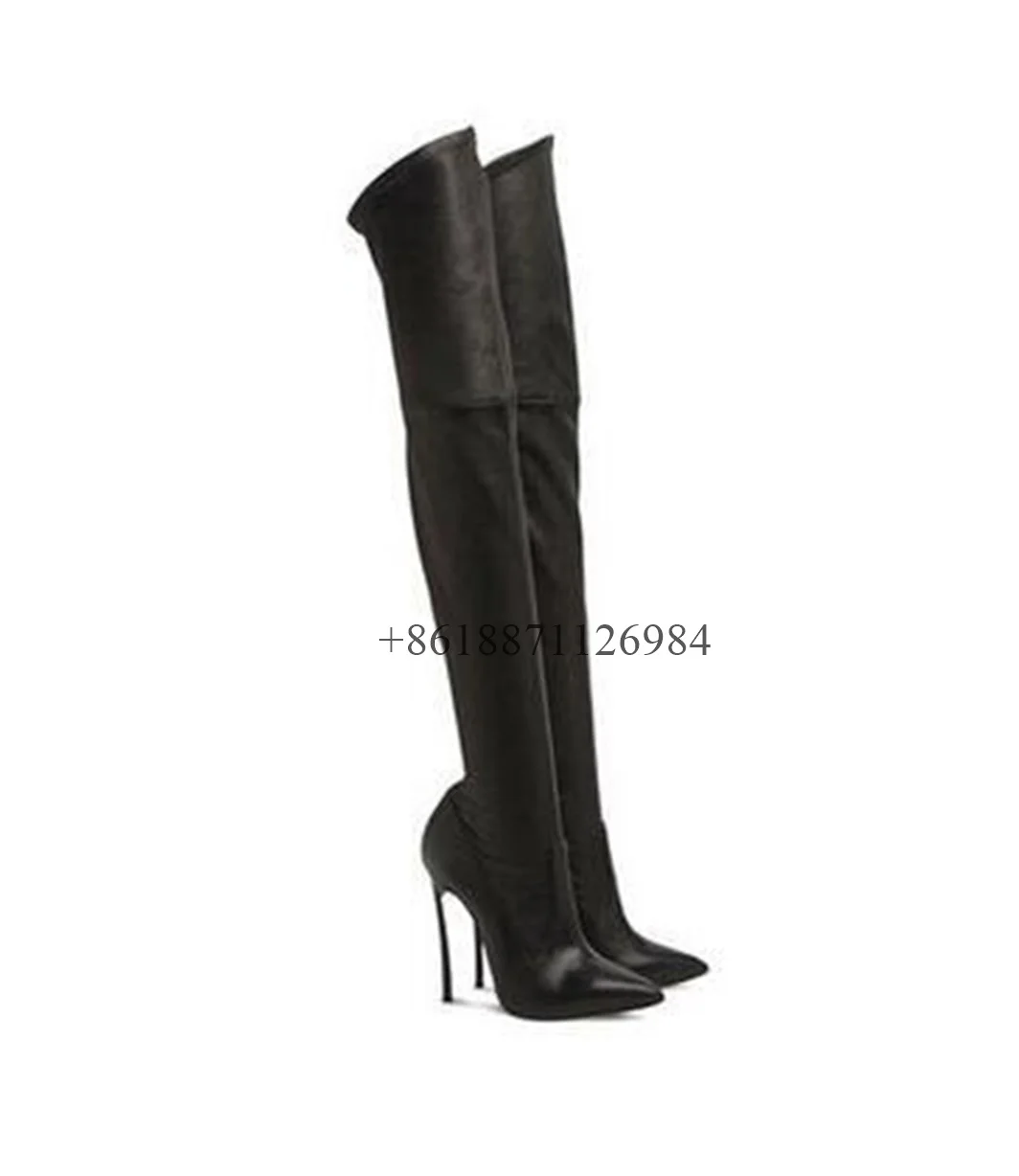 

Sexy Style Soild Pointed Toe Over The Knee Women Boots Metal Stiletto High Heels Slip On Design Large Size Fashion Show Shoes