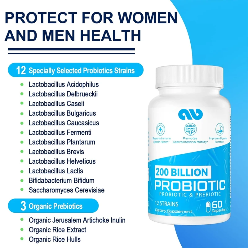 200 billion Cfus 12 probiotics - containing 3 prebiotics, supporting immunity, intestinal digestion health, shelf stability