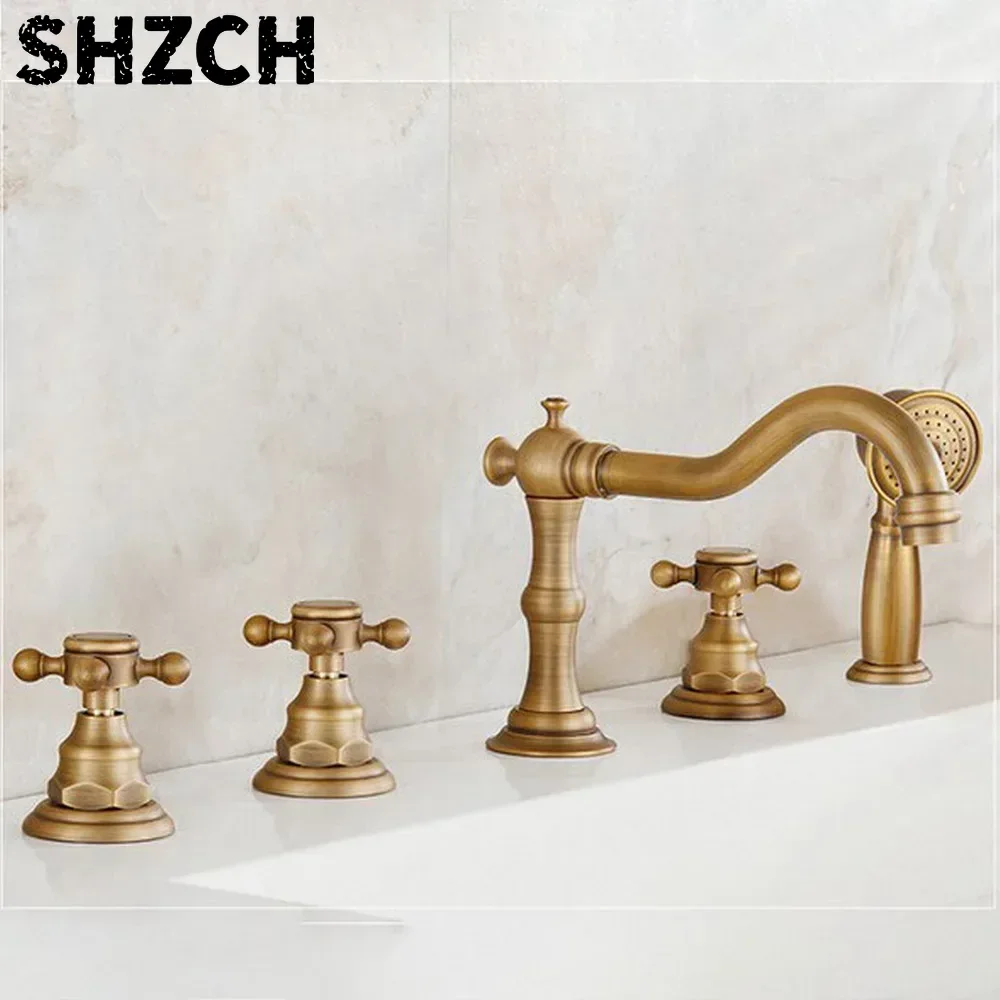 Antique Brass 5pcs Widespread Bathtub Sink Faucet Deck Mounted with Handshower Bathroom Roman Tub Taps Ntf035