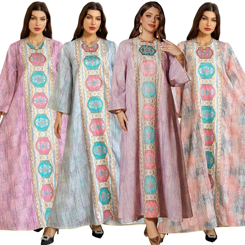 Muslim Abaya Dress Long Robe Floral Print Embroidery Beaded Middle East Fashion