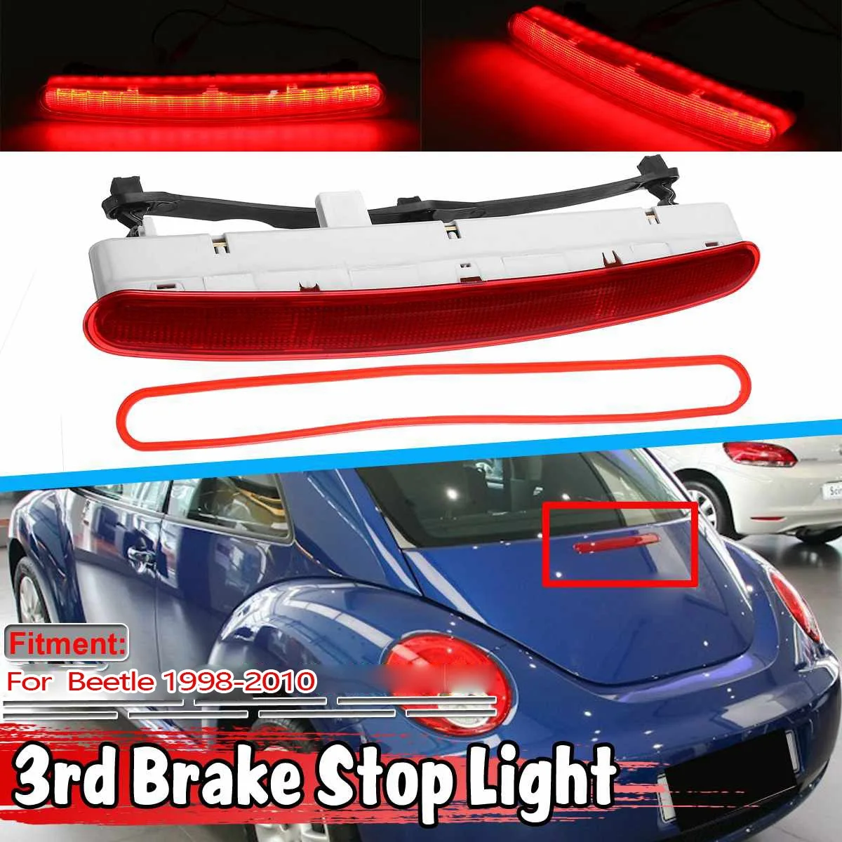 Car LED Rear 3RD Third Brake Stop Light High Mount Strip Tailgate Bar+Gasket for Beetle 1998-2010 1C0945097E