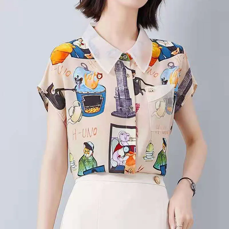 Woman\'s Cartoon Printed Button Blouses Summer New Fashion Female Clothing Short Sleeve Casual Polo-Neck Patchwork Chiffon Shirt