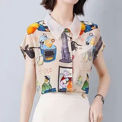 Woman's Cartoon Printed Button Blouses Summer New Fashion Female Clothing Short Sleeve Casual Polo-Neck Patchwork Chiffon Shirt