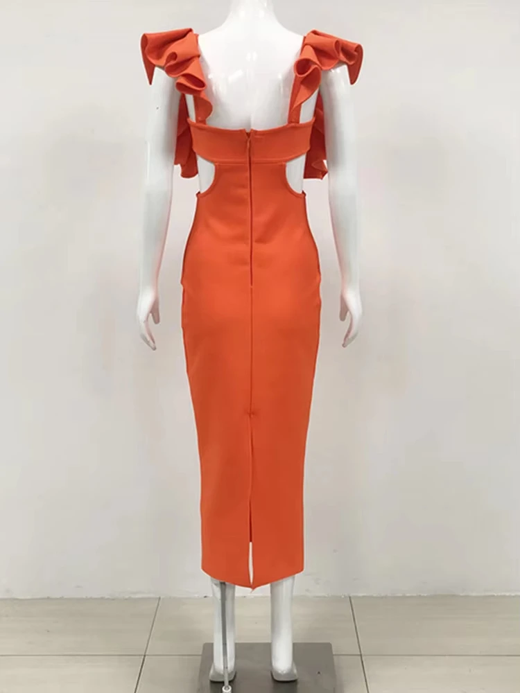 Vrouwen Sexy V-hals Uitgesneden Oranje Ruches Midi Bodycon Bandage Jurk 2024 Celebrity Elegante Avond Club Party Dress