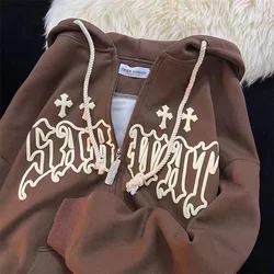 Women Vintage Zip Up Hoodies Harajuku Casual Letter Print Long Sleeve Loose Hooded Sweatshirts Goth Streetwear Jackets Coats Y2k