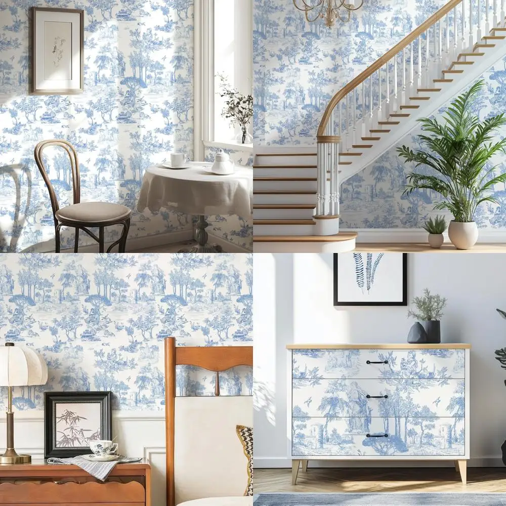 ورق جدران تويلي باللونين الأزرق والأبيض مقاس 17.7 × 590، ورق اتصال مستوحى من الفرنسية العتيقة، نمط جوي التقليدي