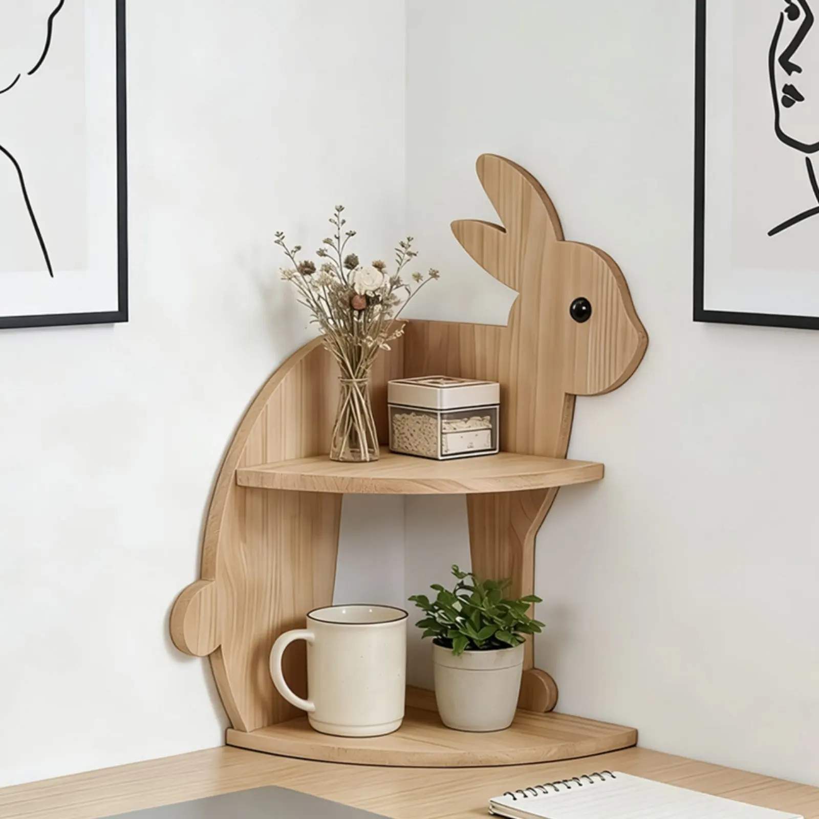 Rabbit Corner Shelf Space Saving Bunny Storage Rack Wooden Corner Organizer Modern Design Sturdy Construction for Children