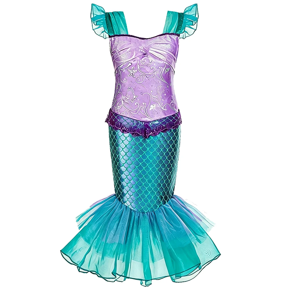 Girls Mermaid Fish Tail Costume Set Purple Dress for Halloween Birthday