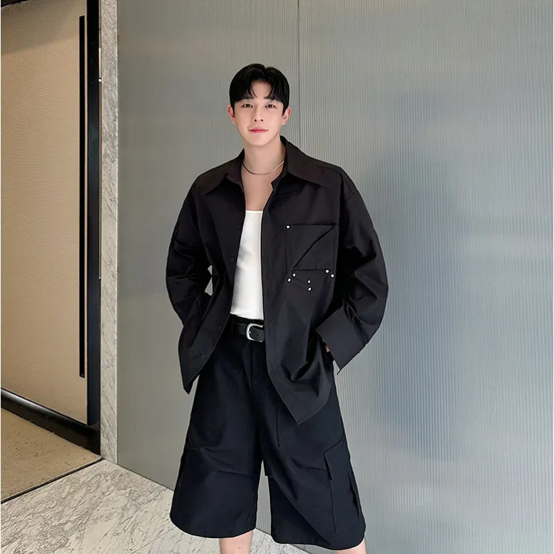 

Spring Summer Men's Long Sleeve Shirt Metal Rivet Irregular Pocket Design Loose Fit Casual Style Daily Wear Youth Fashion