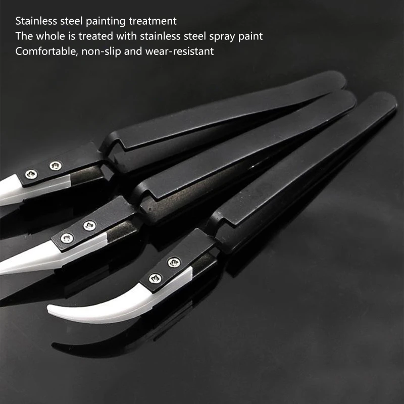 3x Anti-static Heat Resistant Tweezers Ceramic Reverse Tweezers Curved Straight Tweezers for Laboratory Work