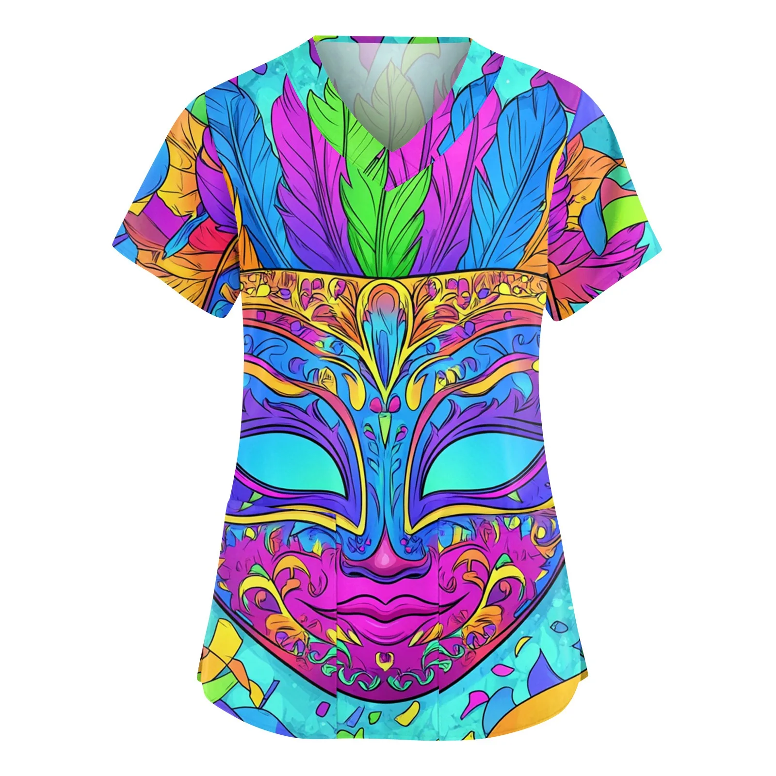 Vêtements de travail de protection imprimés de carnaval, col en v, manches courtes, poche latérale, fente latérale, haut à la mode pour dames