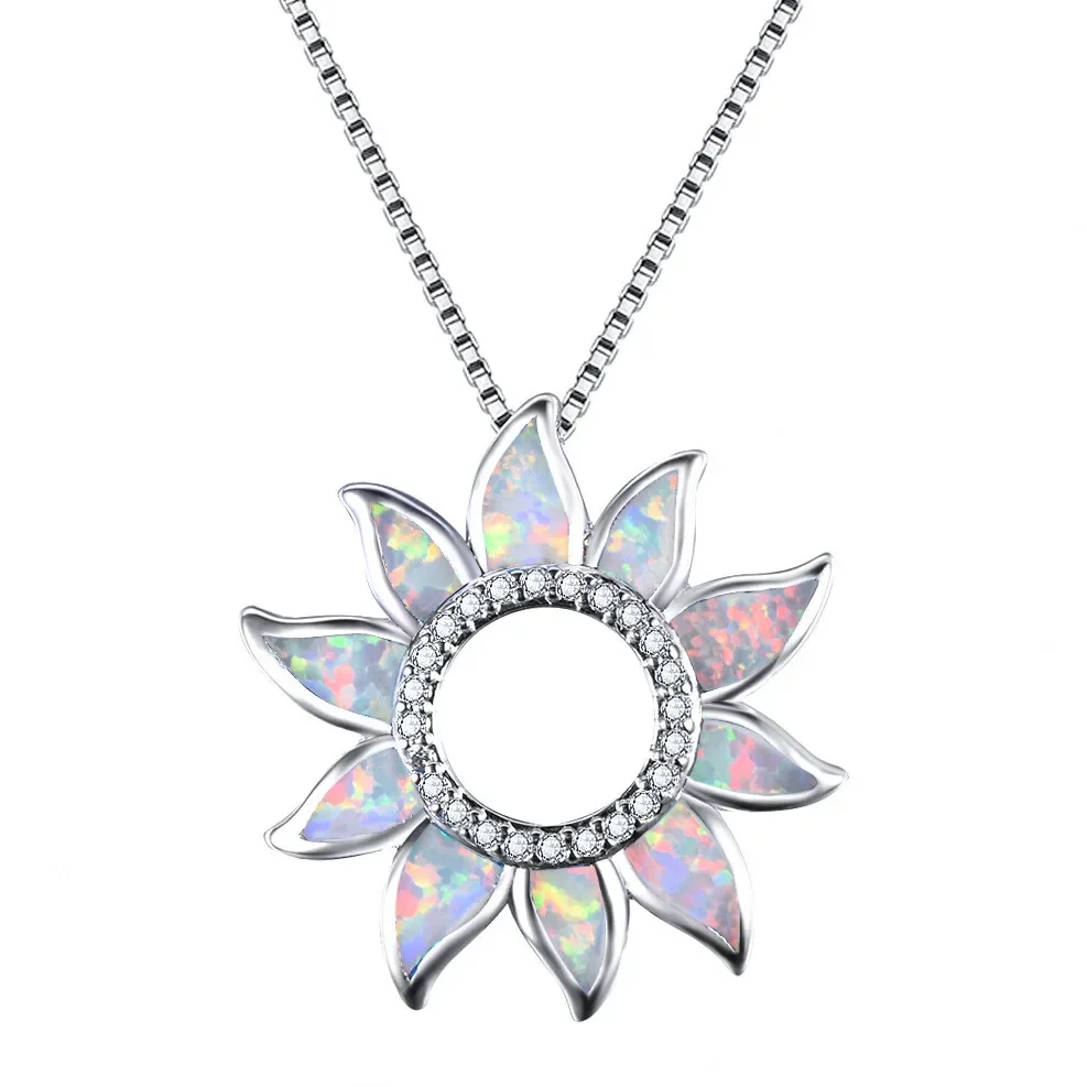 Women Sun Flower Simulated Opal Silver Pendant Chain Necklace Mother's Day Gift