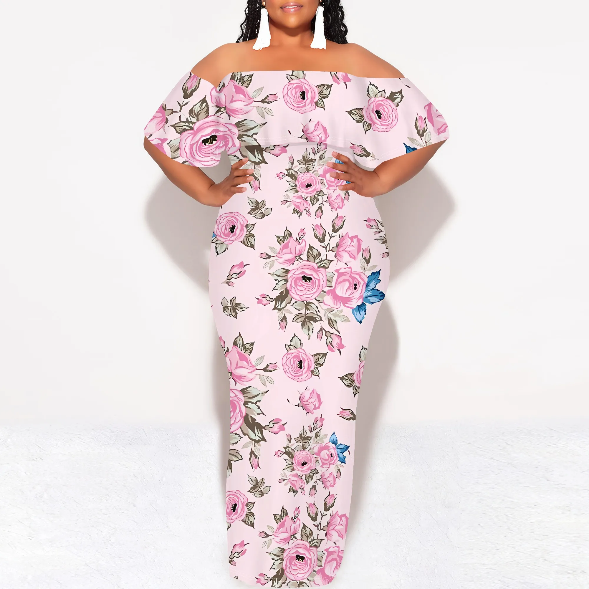 ชุดเดรสพิมพ์ลายดอกไม้นูปูซาสำหรับผู้หญิงขนาดบวกฤดูร้อนลำลองปิดไหล่ชุดแม็กซี่เดรสเข้ารูป