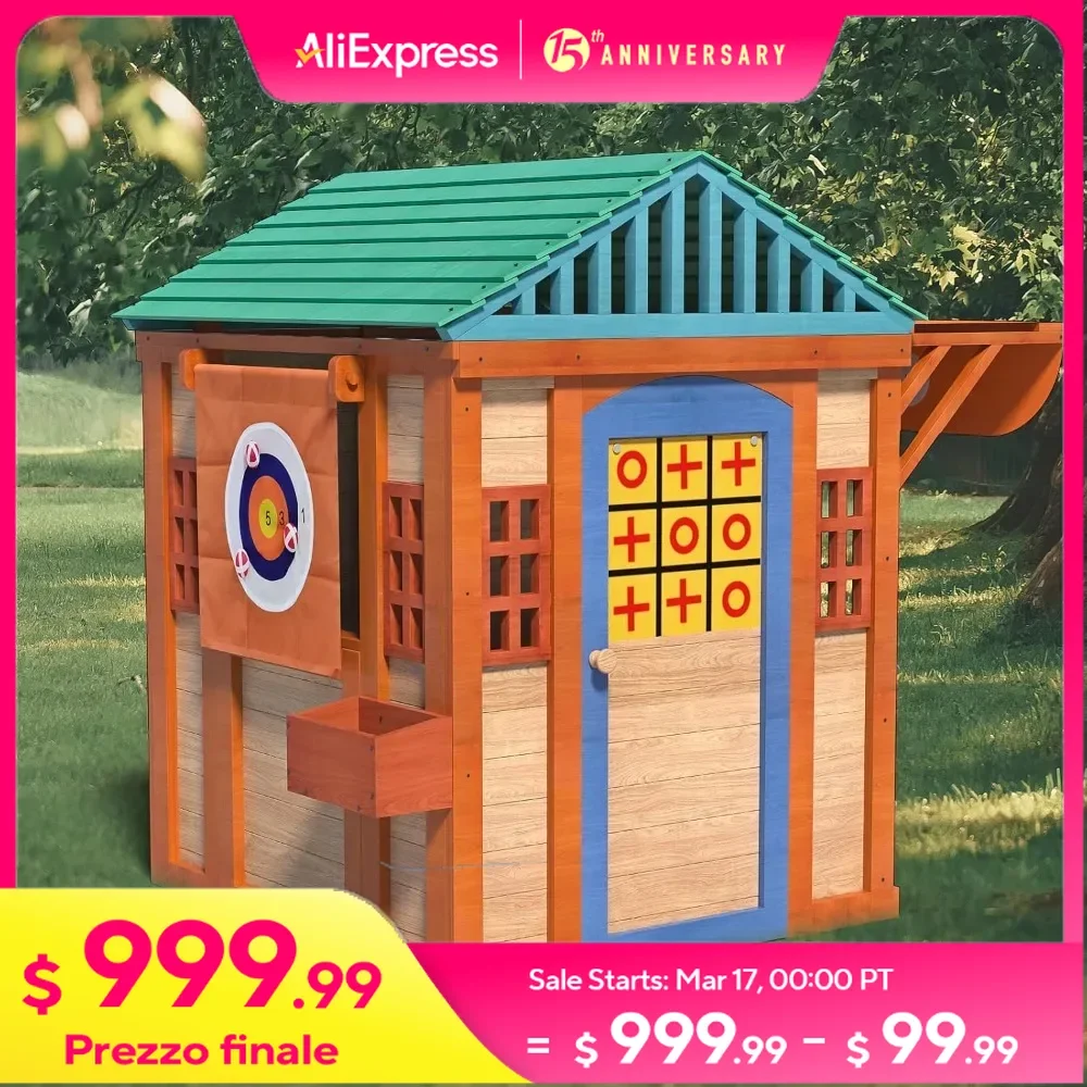 Kids Outdoor Playhouse Outside Game House Outdoor Playset for Ages 3-10 Toddler Boys Girls Wooden Adventures Cottage