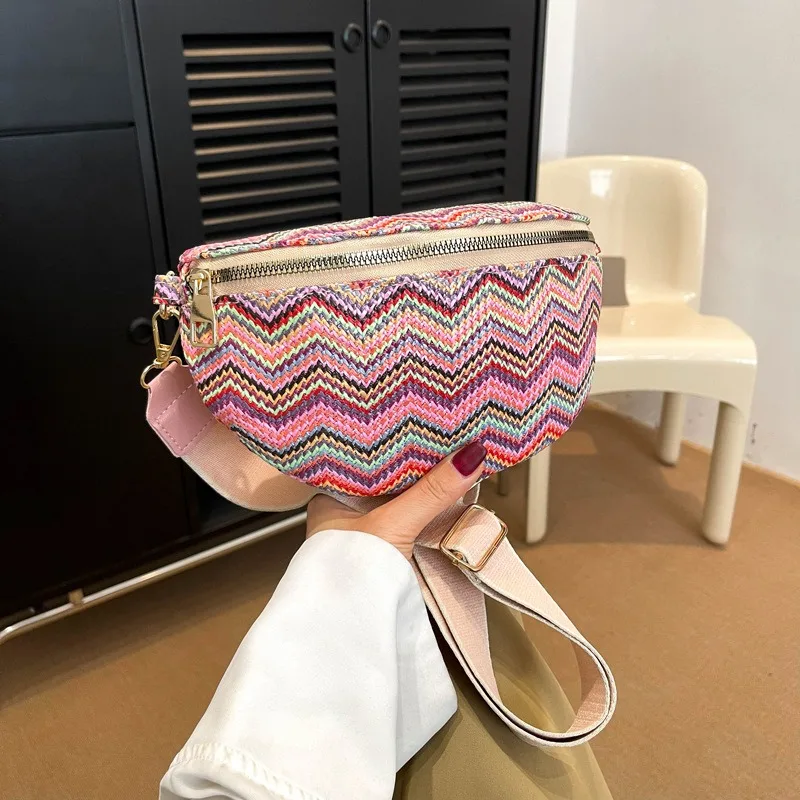 Stylish Straw Braid Fanny Packs For Women Wavy Stripe Waist Pack Ladies Contrast Colour Waist Bag Woven Design Female Chest Bag