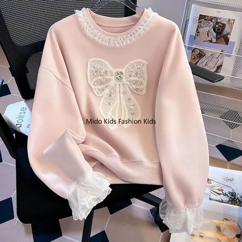 

Girls 2025 spring new sweater lace edge bow top middle and large children round neck long-sleeved top loose tide 130-170cm