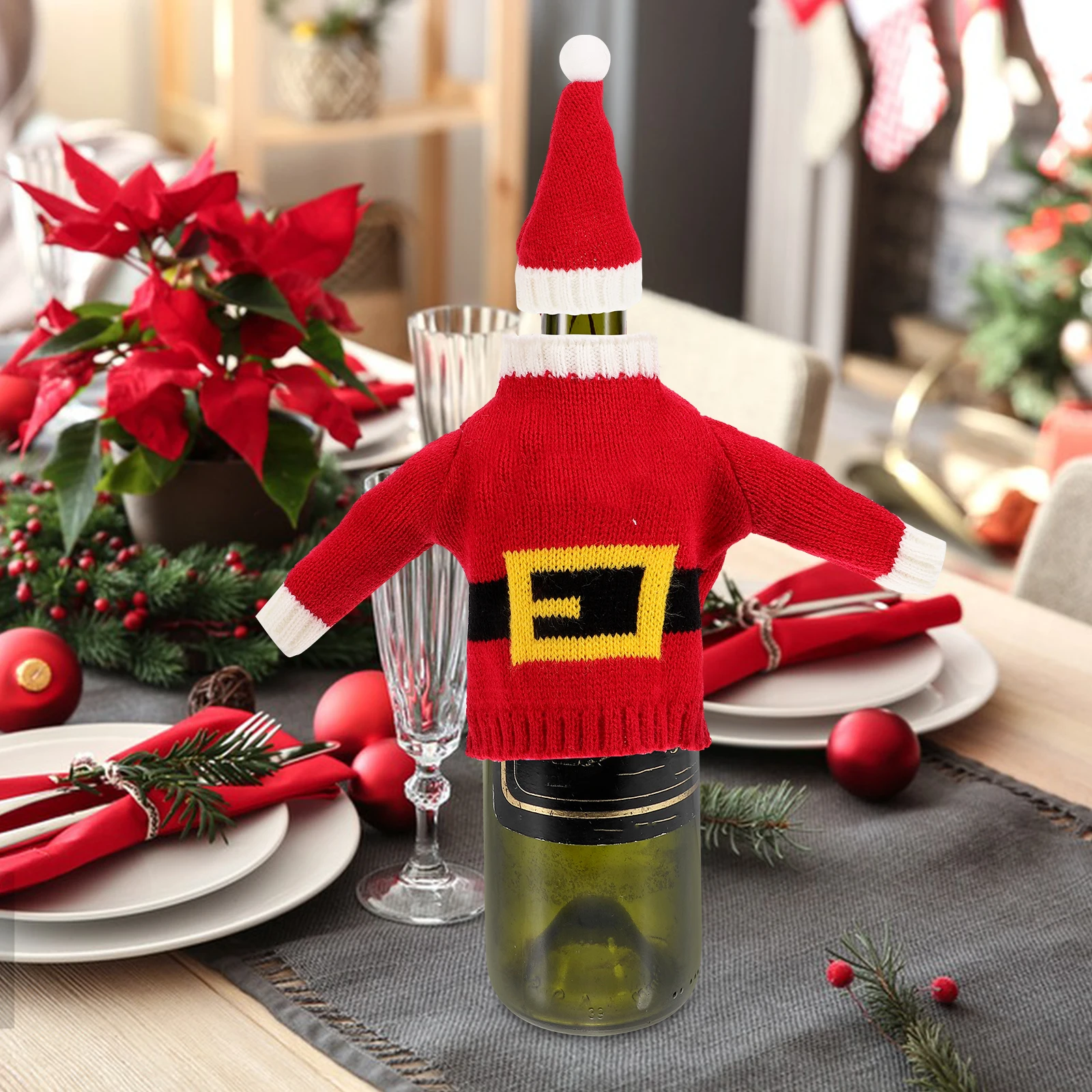 

1Set Mini Wine Bottle Hat and Sweater Set Christmas Theme Bottle Cover Xmas Party Decor Gift Washable Reusable