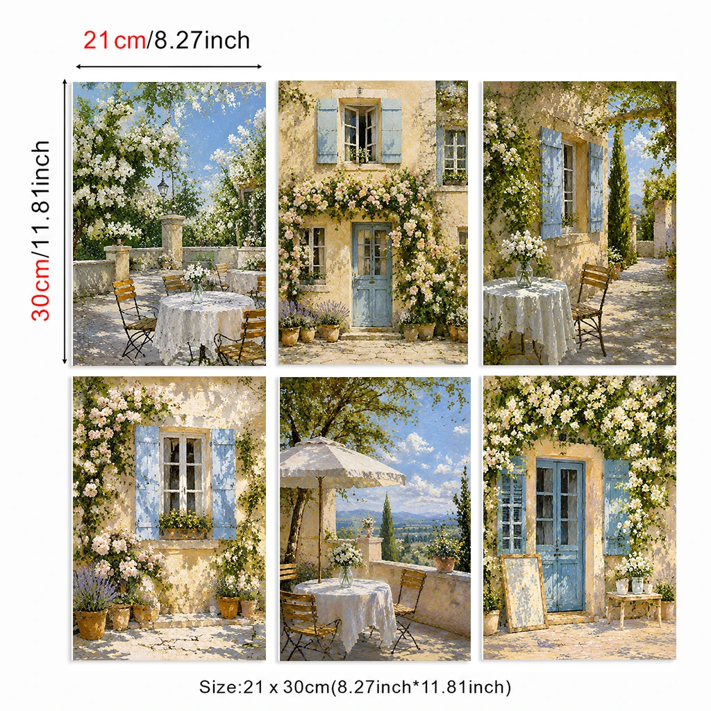 Set of 6 Flowers French Country Garden Blue Shutters White Patio Table Chair Modern Flowers Canvas Poster Wall Art Prints Home