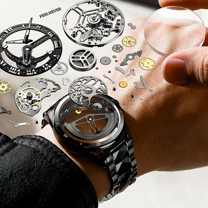 

FEELNEVER ​Brand Automatic Movement Mechancial Watches for Men Luxury Stainless Wristwatch Skeleton Waterproof Fashion Man Watch