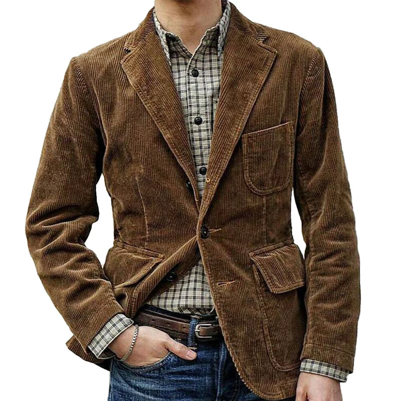 Casual Solid Color Corduroy Suit Jackets For Mens Autumn Vintage Turn-down Collar Buttoned Blazer Jacket Coat Men Fashion Coats