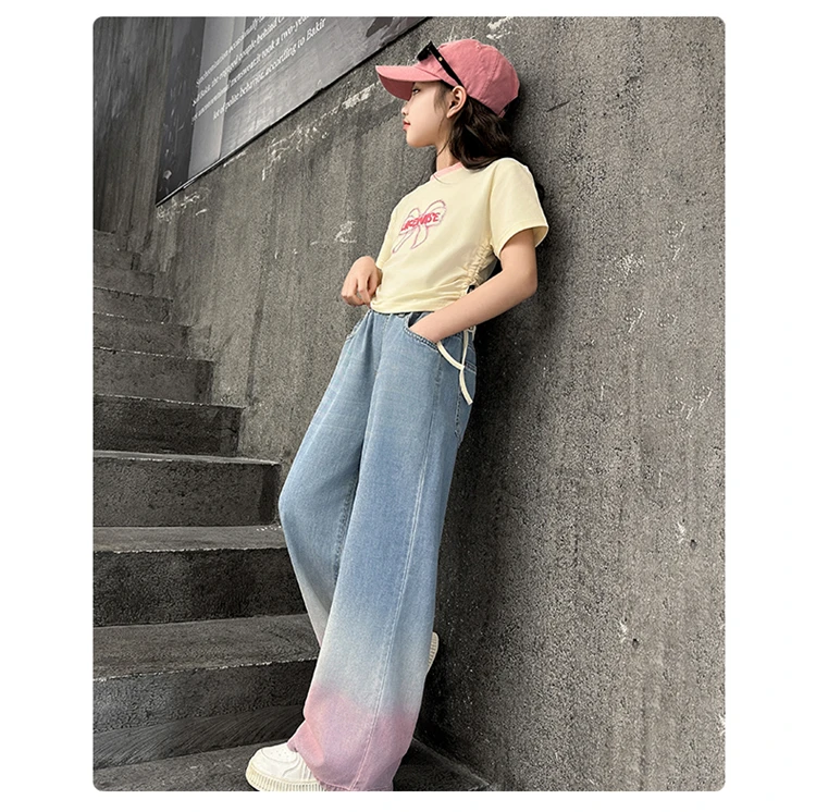 Teenager-Cowgirl-Jeans mit weitem Bein für Mädchen, Farbverlauf-Denimhose, Kinder-Oberbekleidung, lange Hose, Mädchenkleidung 5-14 Jahre – Detail 2
