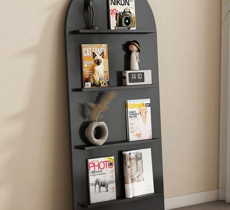 Floor-to-ceiling simple Nordic bookshelf against the wall Book and newspaper display shelf Newspaper picture book Medieval