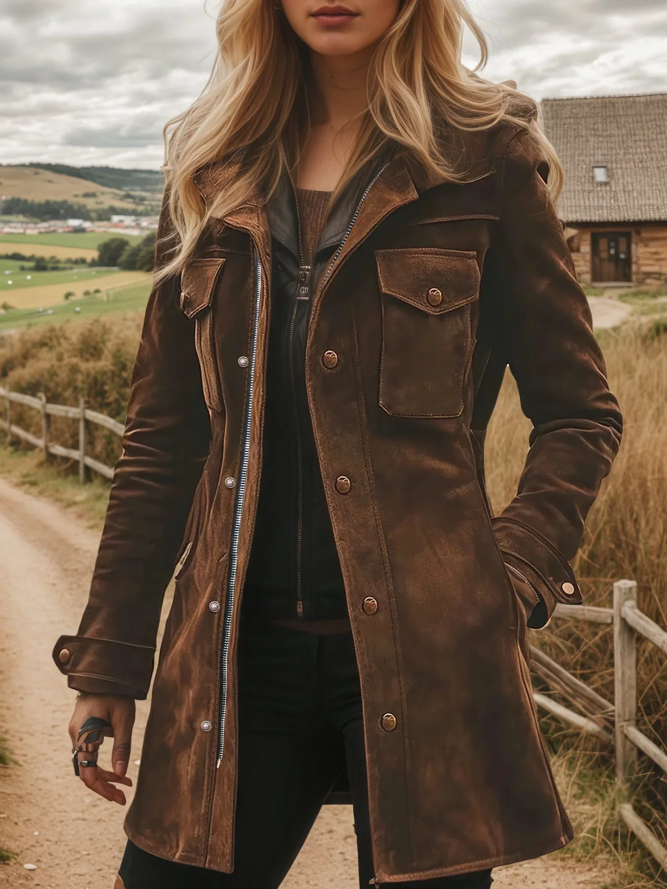 Autumn Winter New Women Vintage Suede Turtleneck Casual Jacket Versatile Female Elegant Mid-Length Coat