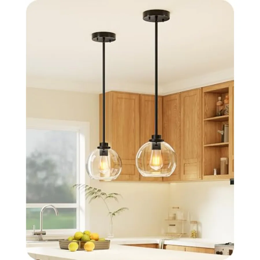 

Modern Pendant Lights Kitchen Island Hanging Light Fixture with Clear Glass Globe Shade Hardwired Matte Adjustable Metal Rod fo