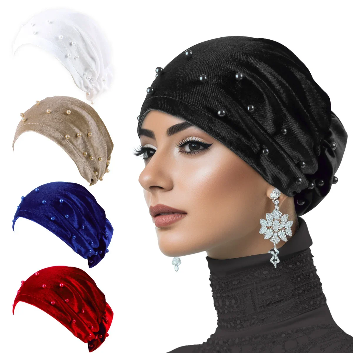 New Velvet Turban Beads Pearl Hat Flower Headscarf Muslim Hijab Women Head Wrap Beanie Bonnet Chemo Cap Hair Loss Turbante Mujer