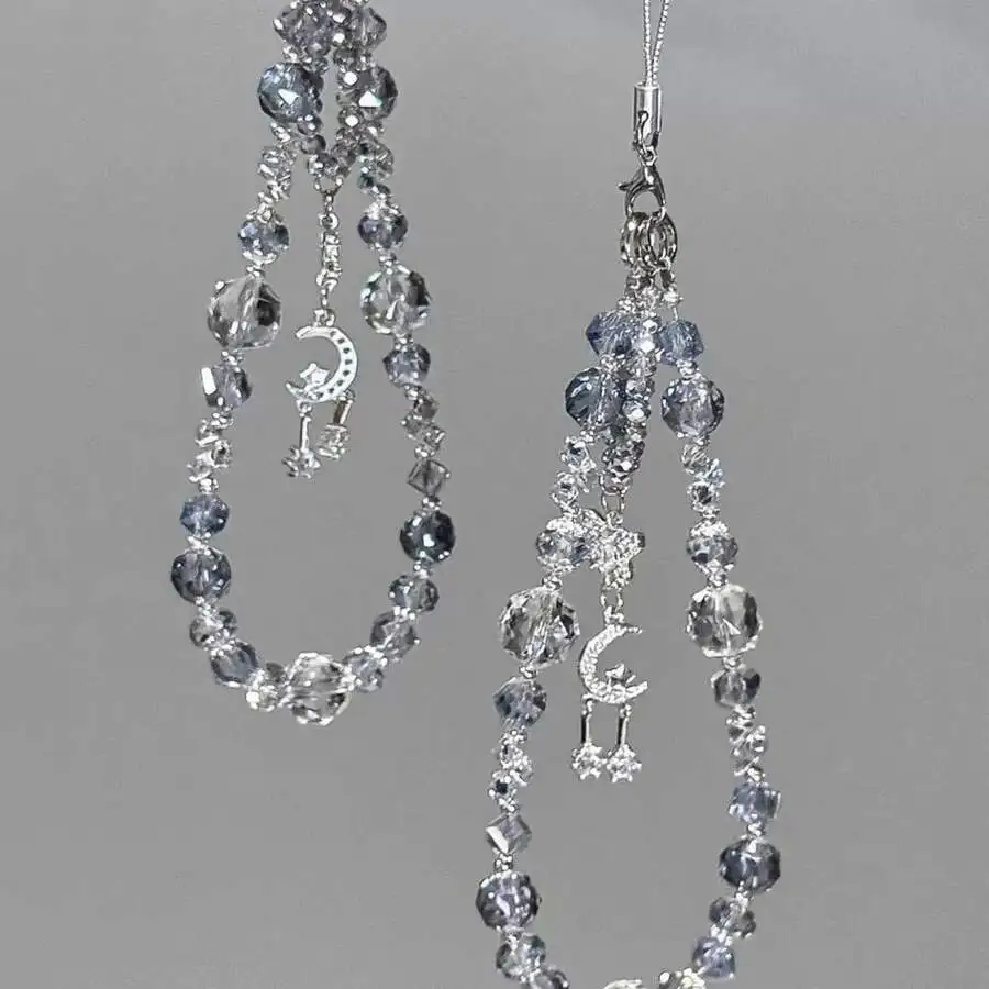 

Icy Blue Crystal Beaded Phone Lanyard With Moon Star Charm Sparkling Hanging Chain For Adults