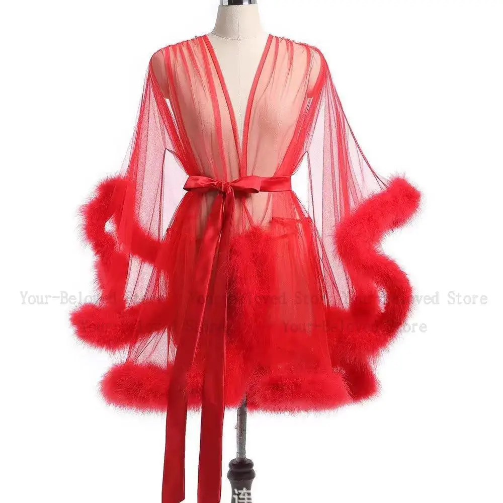 Sexy Feather Robe Seductive Mesh Bathrobe Fashion Long Sleeve Plush Spliced Thin Lingerie Female Underwear Nightgown Sheer Robe