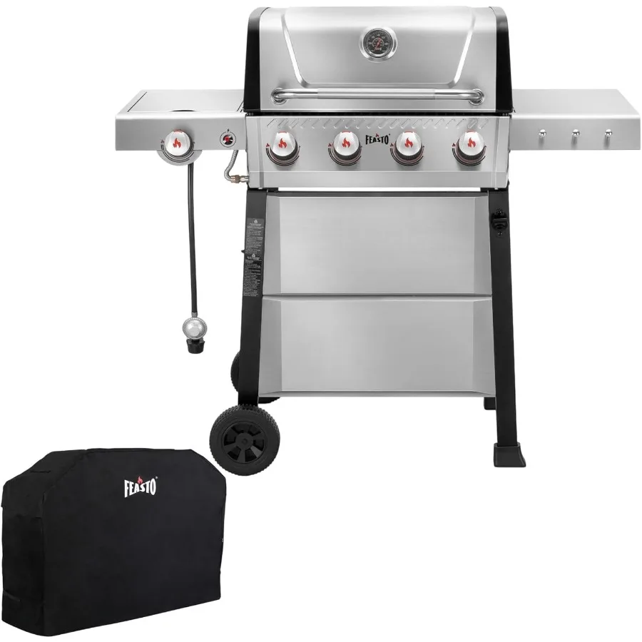 Parrilla de gas propano de acero inoxidable de 4 quemadores con cuerpo de cámara recubierto esmaltado Parrilla de barbacoa al aire libre de 48 000 BTU con quemador lateral para P