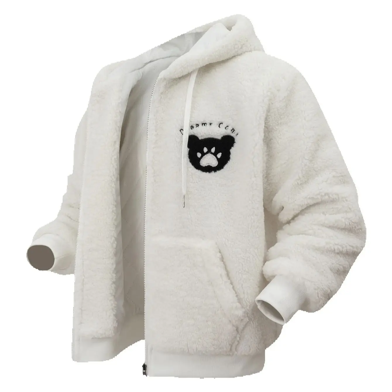 Men's Streetwear Hiphop Style Warm Fleece Jacket With Paw Print Design, Cozy Sherpa Outwear For Cold Weather