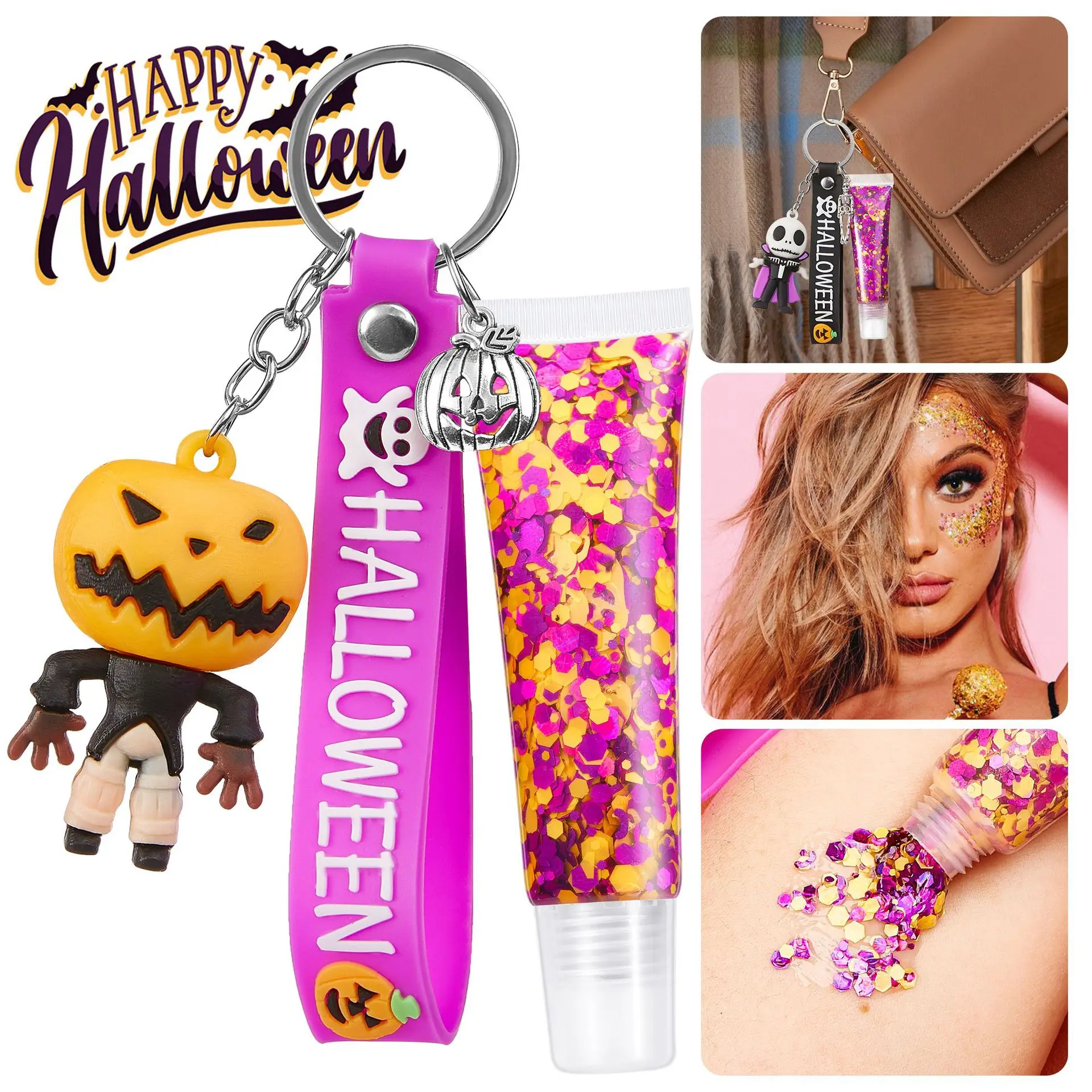 Christmas Halloween Body Glitter Gel Lip Gloss Key Chain Vegan Makeup Glitter Glossy Tint Luxury Cute Gift Liquid Chunky Glitter