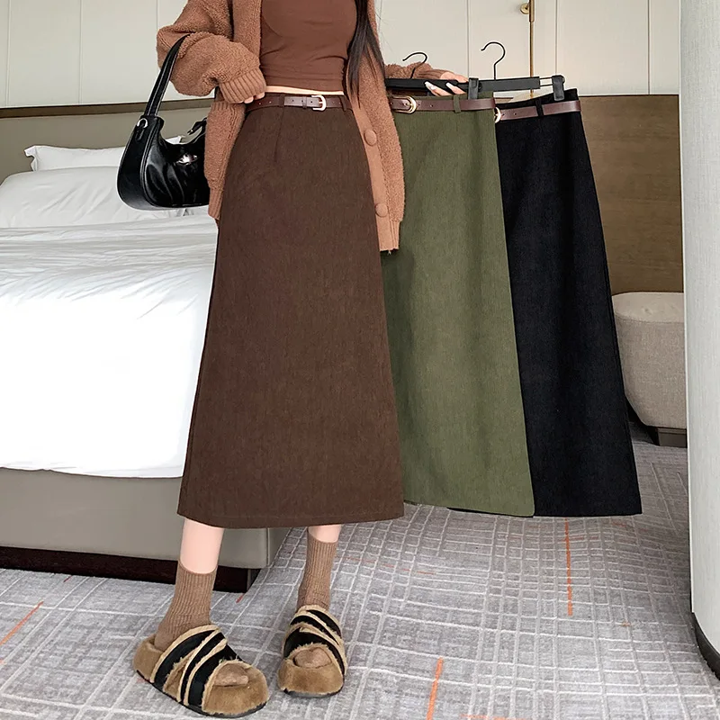 Slimming Corduroy Midi Skirt High Waist Bodycon Thickened Split Vintage Style Women's Fashion Autumn Winter Polyester Blend
