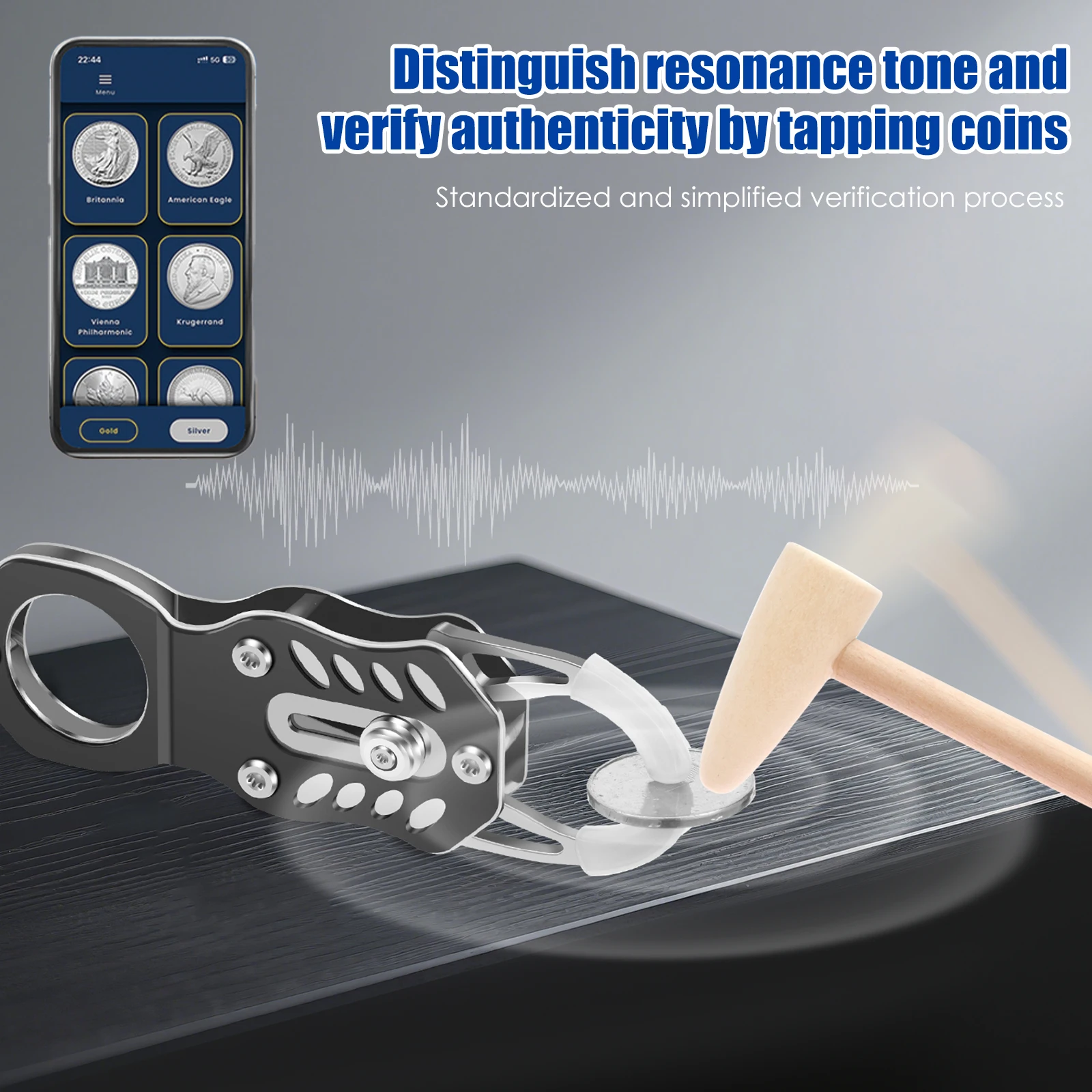 Coin Ping Tester Kit Portable Gold and Silver Coin Ping Tester Tool with Magnifying Glass Caliper and Wood Hammer for Collectors