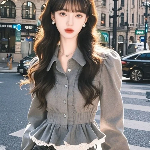 Imagen 2 del producto Blusa elegante de manga larga estilo francés con ribete de encaje y detalle de volante