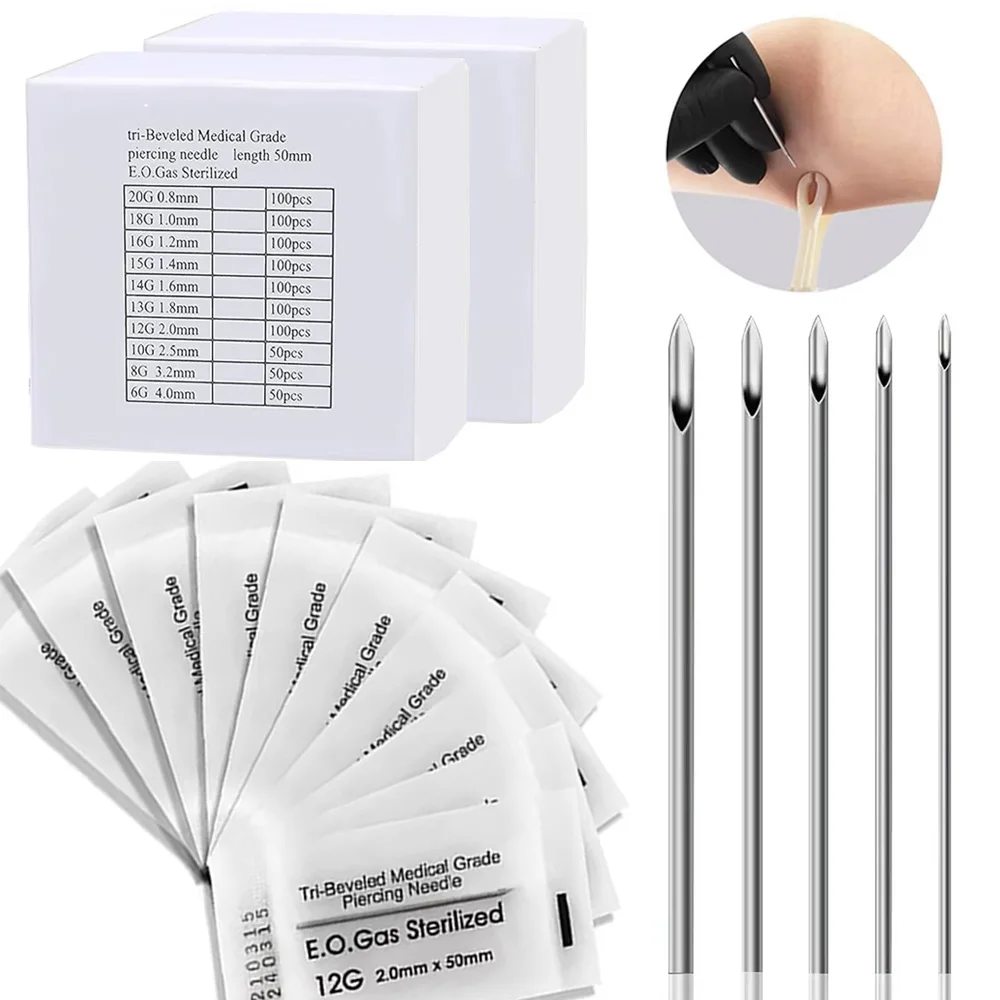 100/50/5PCS Body Piercing Needle 12G 14G 16G 18G 20G Surgical Steel Disposable Ear Nose Navel Nipple Lip Piercing Needles Tool