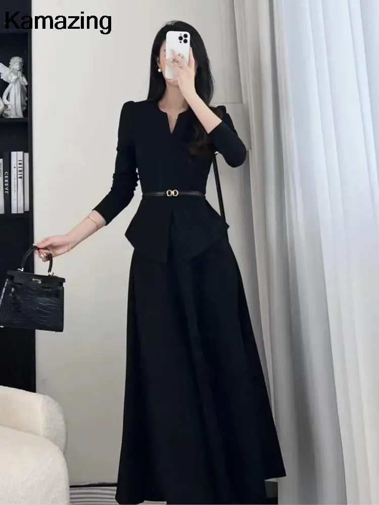 Autumn Winter Women\'s Office Lady Two-piece Skirt Set Solid Long Sleeve Slim Top Midi Skirt Korean Fashion Outfits New Suit