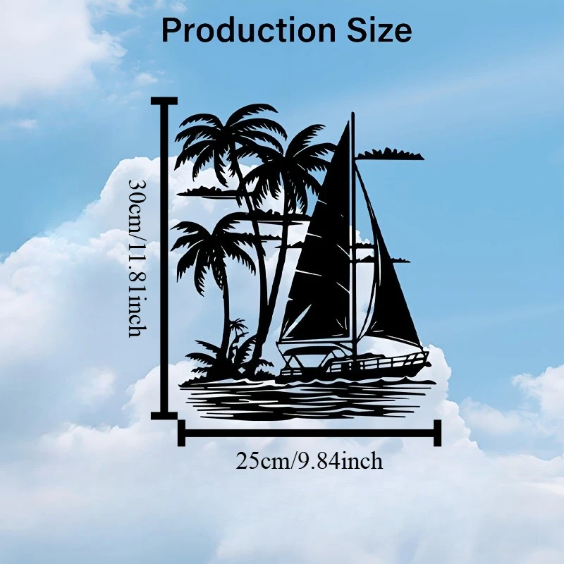 Flat Sailing Boat Palm Tree Iron Wall Art, Black Nautical Cut-Out Hanging Decor, Indoor  Living Room Patio Beach House Accent - view 3