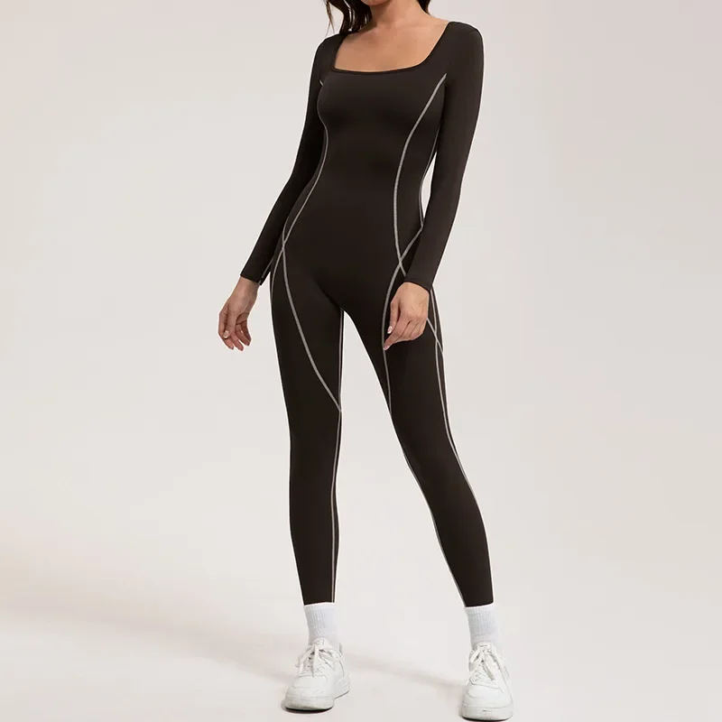 Seamless Yoga Jumpsuits Sports Fitness Hip-lifting Backless Long-sleeved One-piece Running Workout Gym Leggings for Women