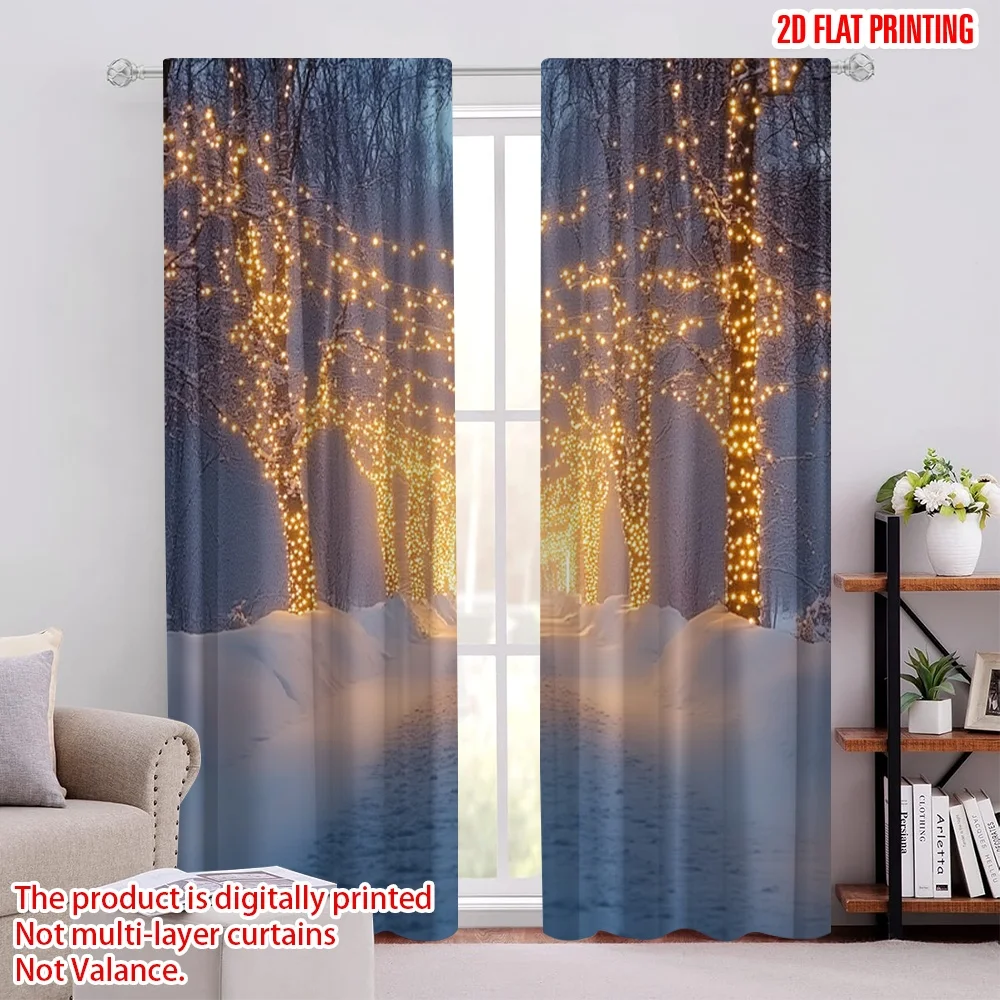 

2pcs 2D flat printing Christmas Curtains Snow and forest 100% Polyester Without Electricity Festive Holiday Use for New Year