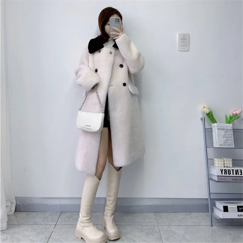 Winter Fashion Contrast Color Black Collar Wool Fur Coat Women Double-Breasted Sheep Sheared Jacket Loose Overcoat Ladies H2649