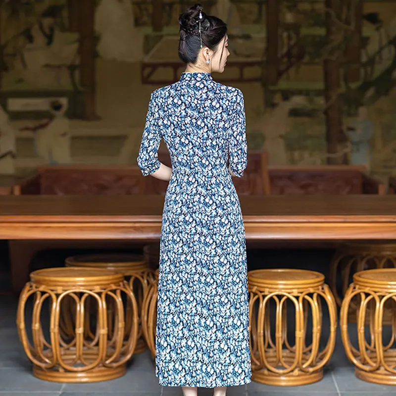 Chinese Trational Print A-Line Cheongsams Three Quarter Sleeve Qipao Vintage Oriental Wedding Party Women Dress